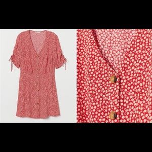 Red Floral V-Neck Button Down Dress